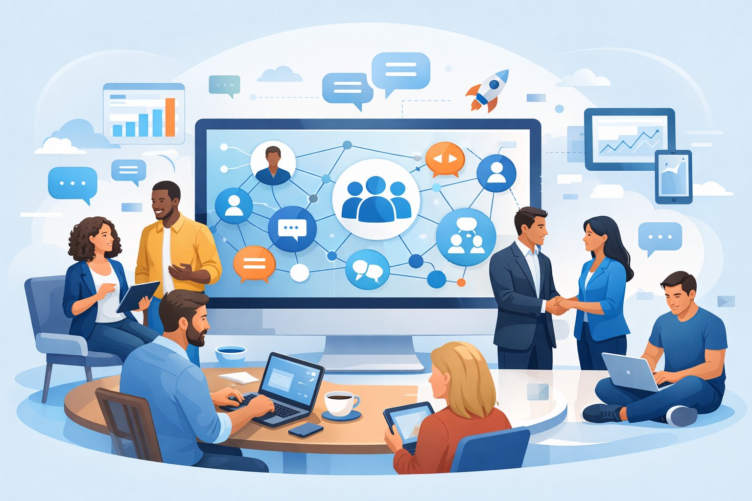 A group of diverse people interacting around a large computer screen showing connected community icons, surrounded by digital devices and chat bubbles representing online business networking.