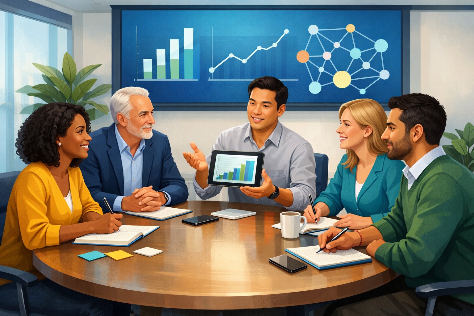 A diverse group of people sitting around a table in a bright conference room, collaborating and sharing ideas during a mastermind meeting.