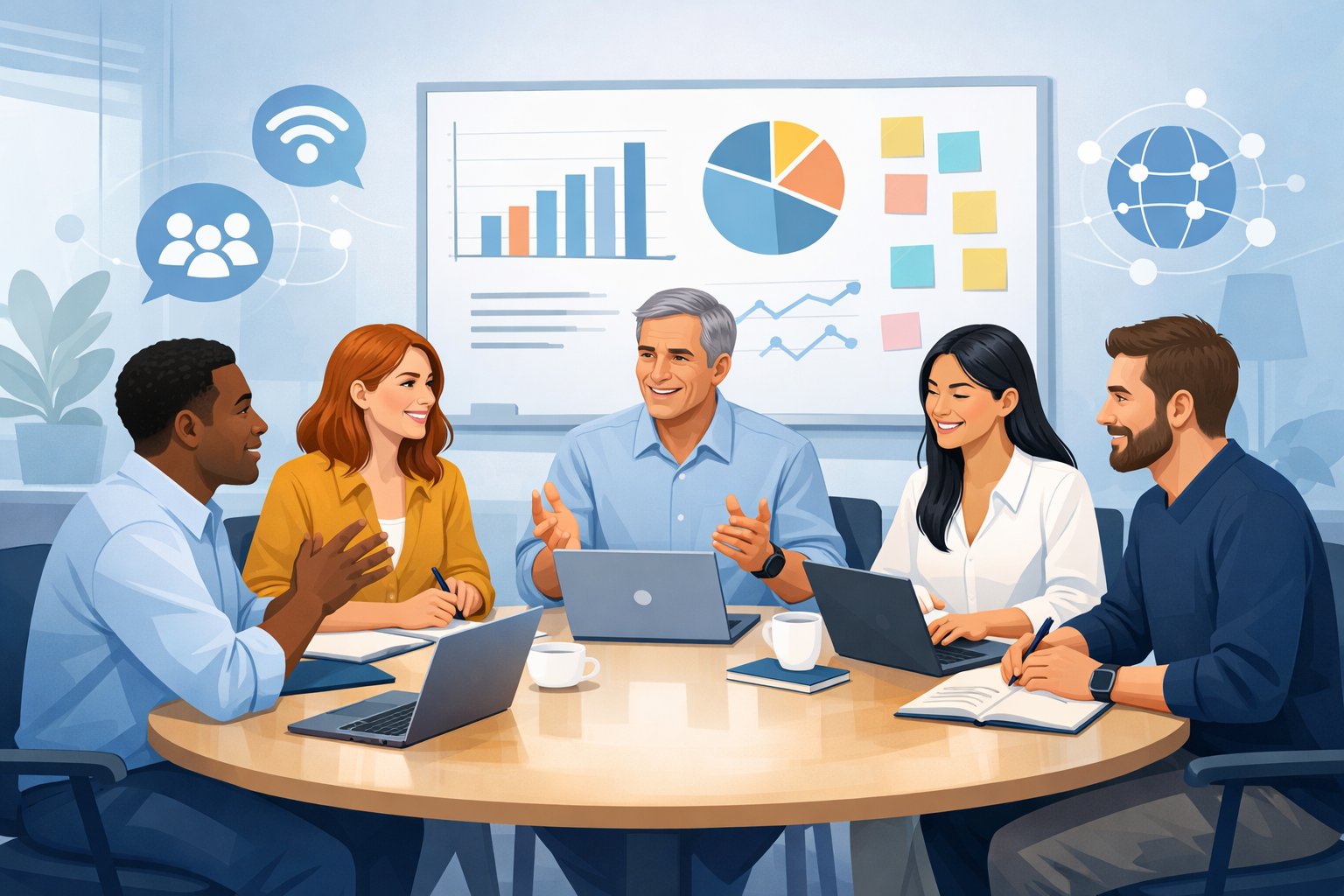 A group of diverse people sitting around a table in an office, collaborating and sharing ideas with laptops and notes.