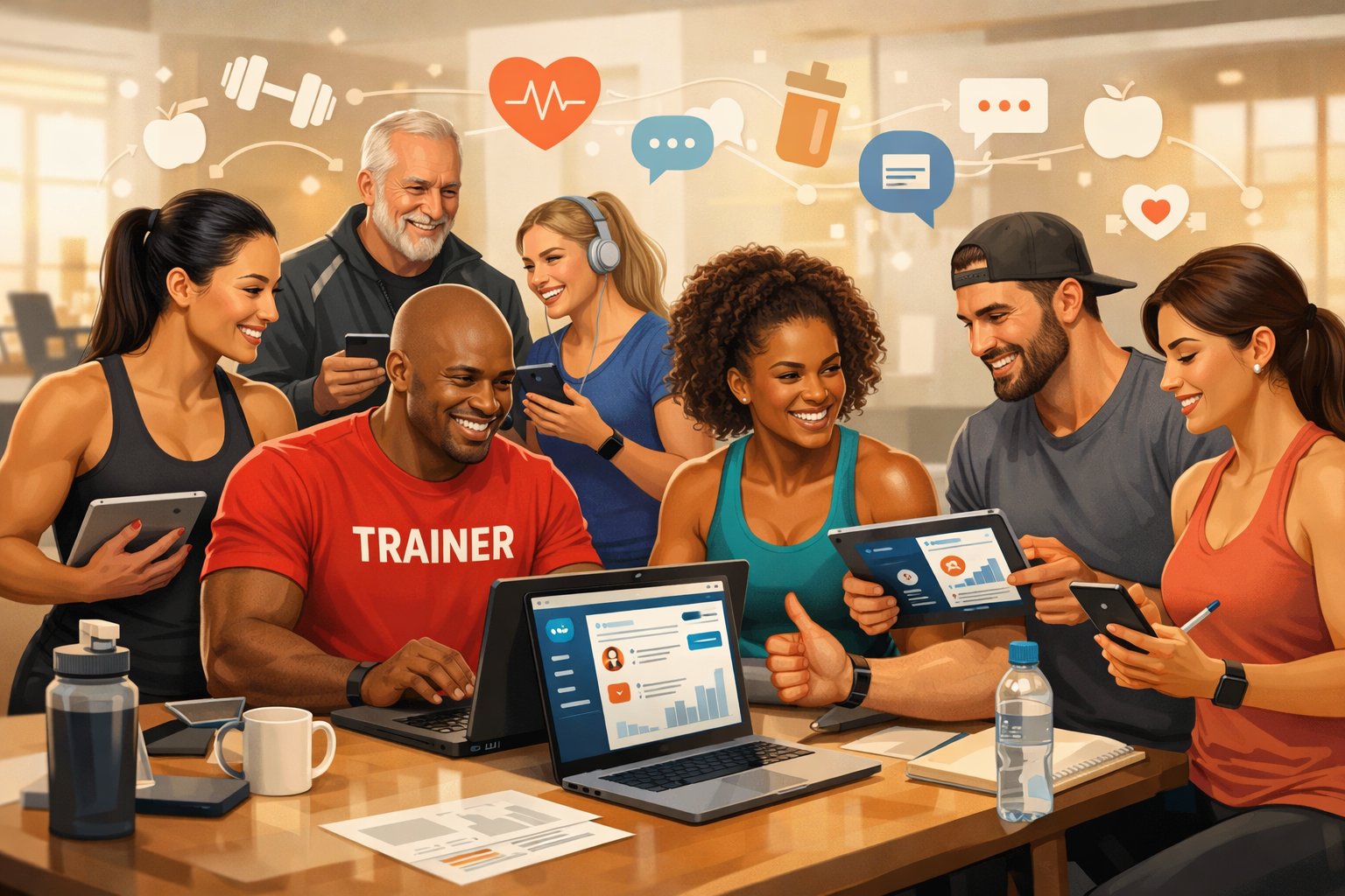 A group of diverse personal trainers using digital devices to connect and share fitness knowledge in a modern setting.