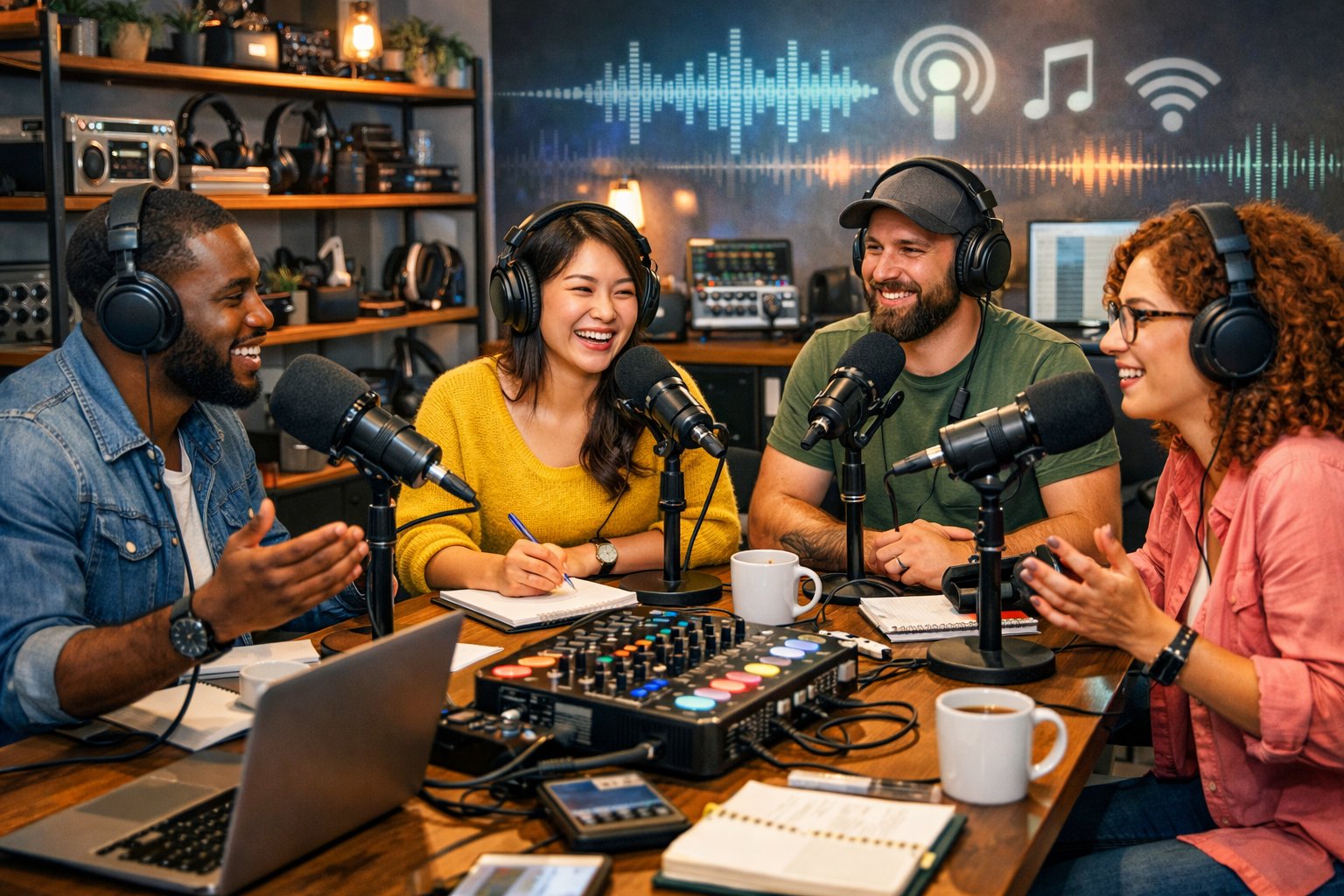 A group of people wearing headphones and speaking into microphones around a table with podcasting equipment in a modern workspace.