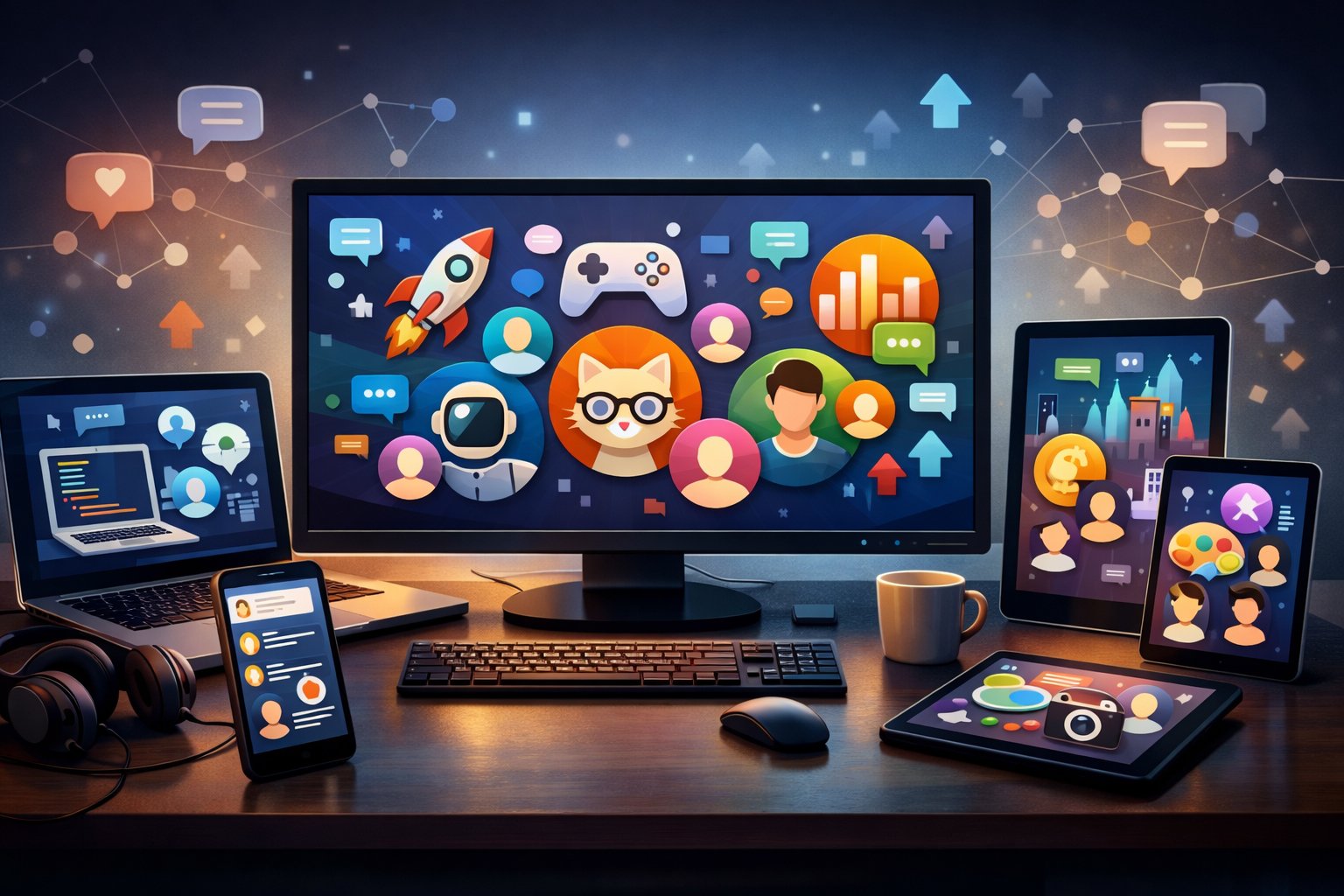 A digital workspace with multiple screens showing abstract icons and avatars representing online communities, surrounded by symbols of technology and connectivity.