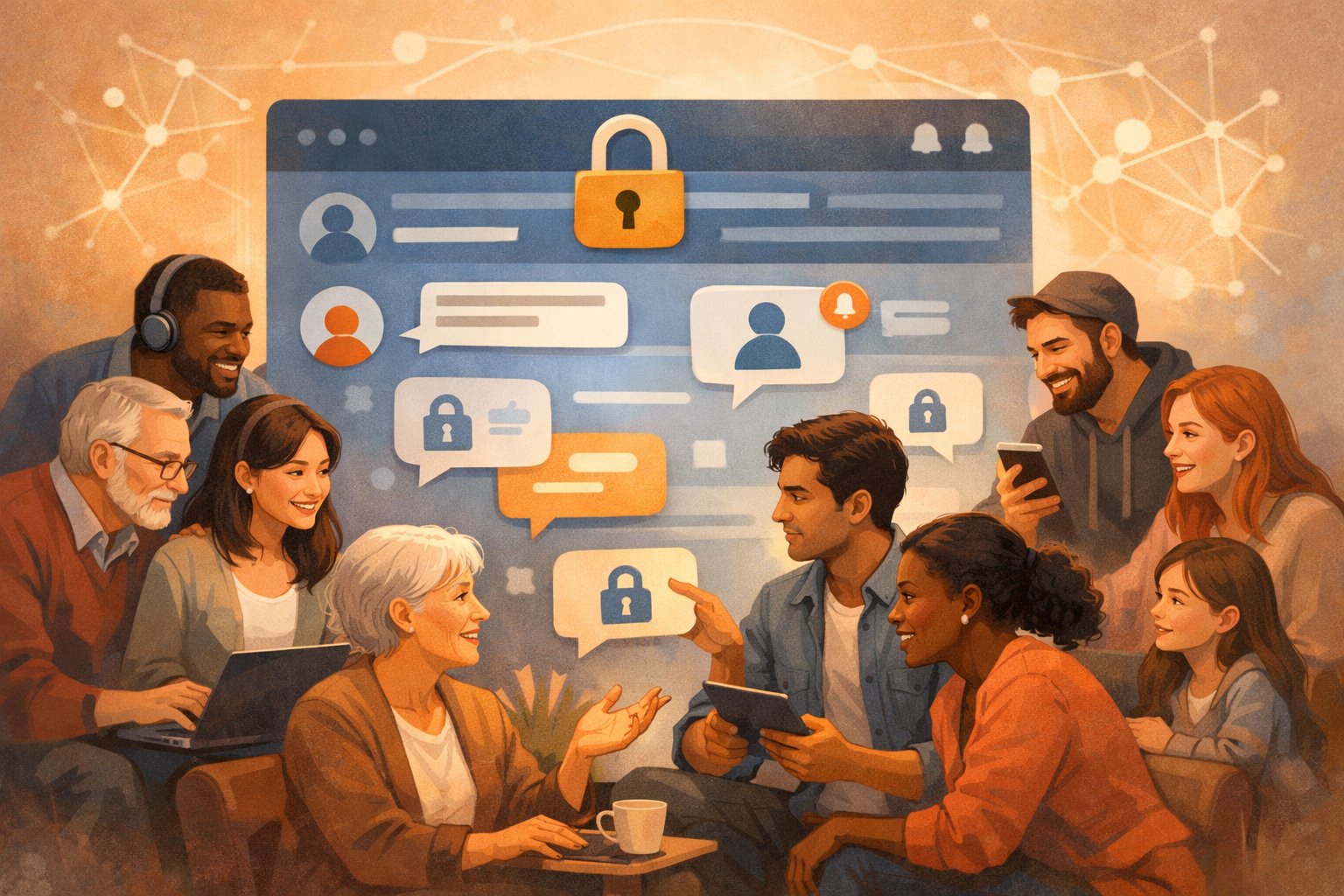 A group of diverse people interacting around a large digital interface symbolizing a secure, private online community.