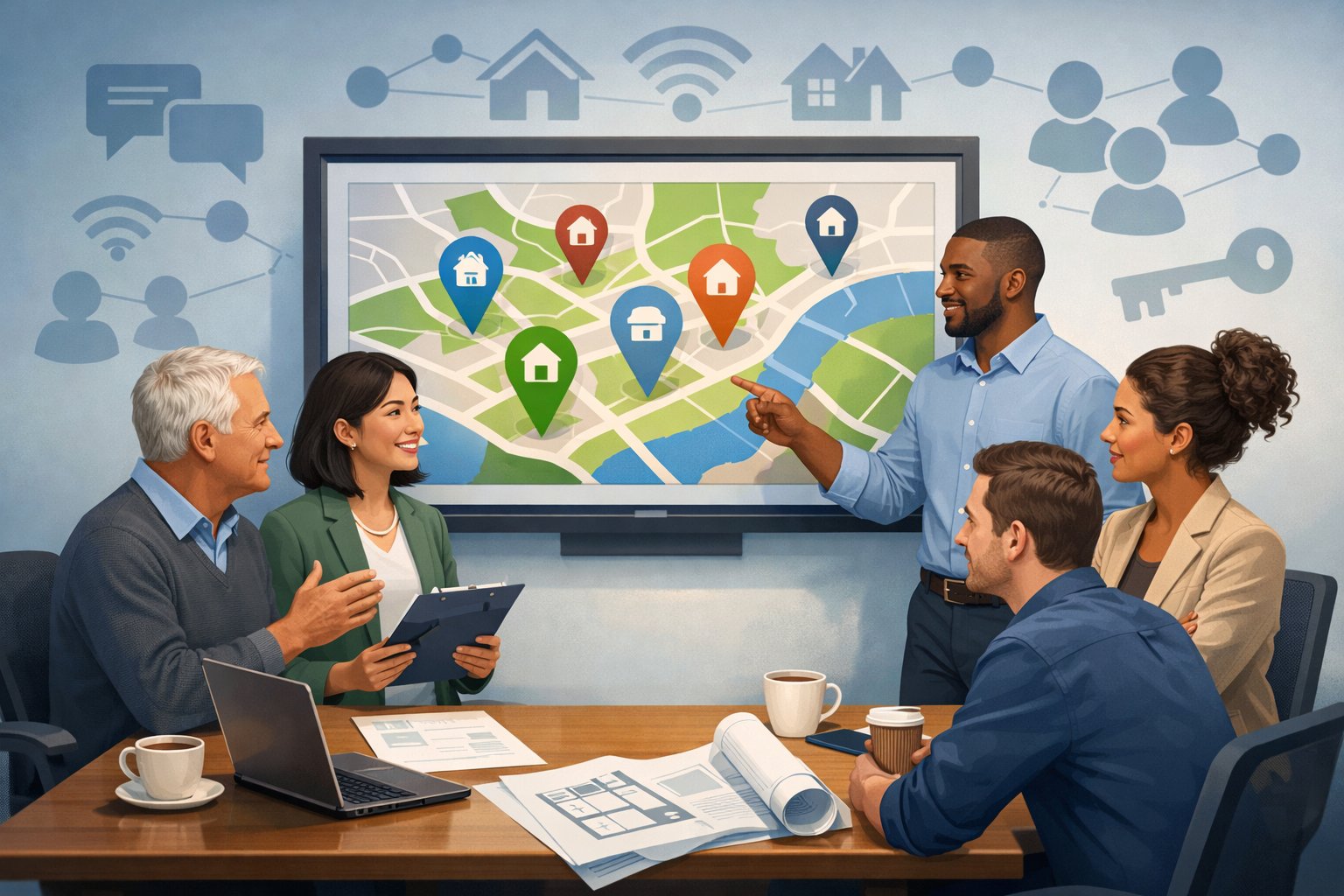 A diverse group of property managers collaborating around a digital screen with a map marked by location pins, surrounded by office items related to property management.