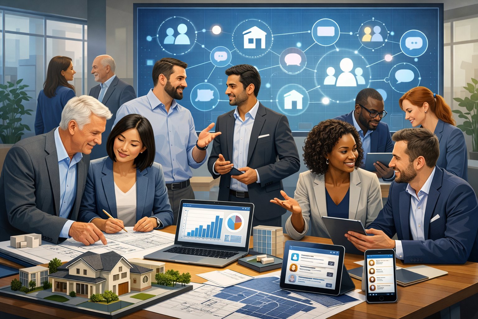 A group of people collaborating in a modern office with real estate models, blueprints, and digital devices showing charts and community icons.