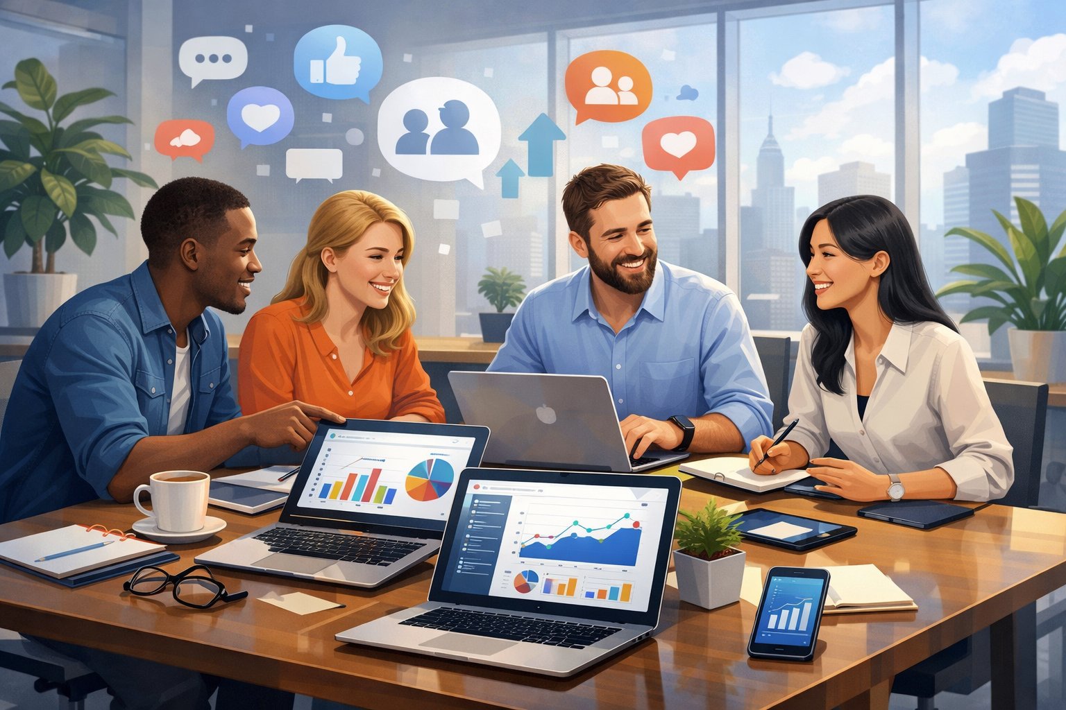A group of professionals working together around a table with laptops and devices, surrounded by floating icons representing online communities and social media.