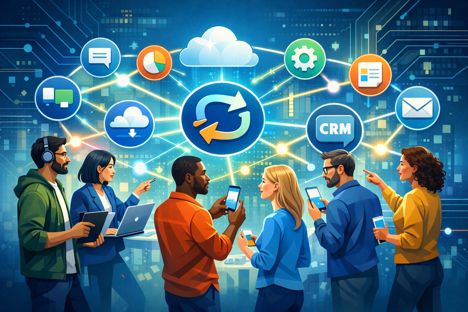 A diverse group of people interacting with floating software and cloud service icons connected by glowing lines, symbolizing a collaborative digital community focused on SaaS switching.