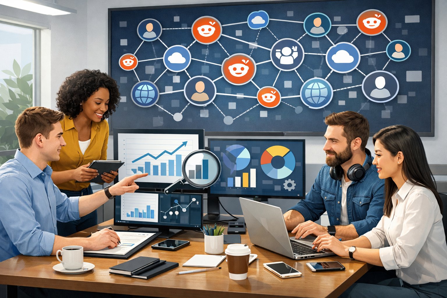 A group of professionals working together in an office with computer screens showing SEO data and a digital board displaying interconnected social network icons.