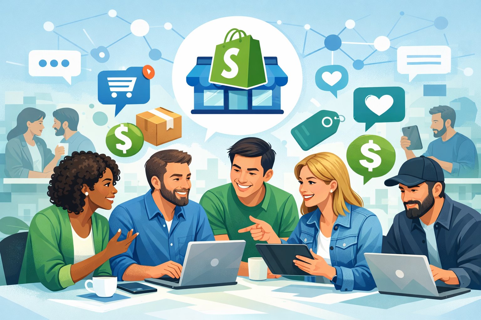 A group of diverse people using laptops and tablets, surrounded by e-commerce icons and speech bubbles, representing an online community for Shopify store owners.