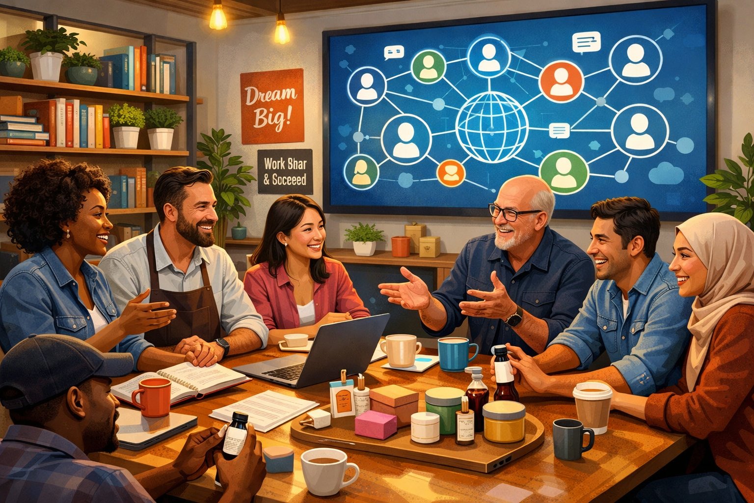 A group of diverse small business owners collaborating around a table in a shared workspace with laptops and product samples.