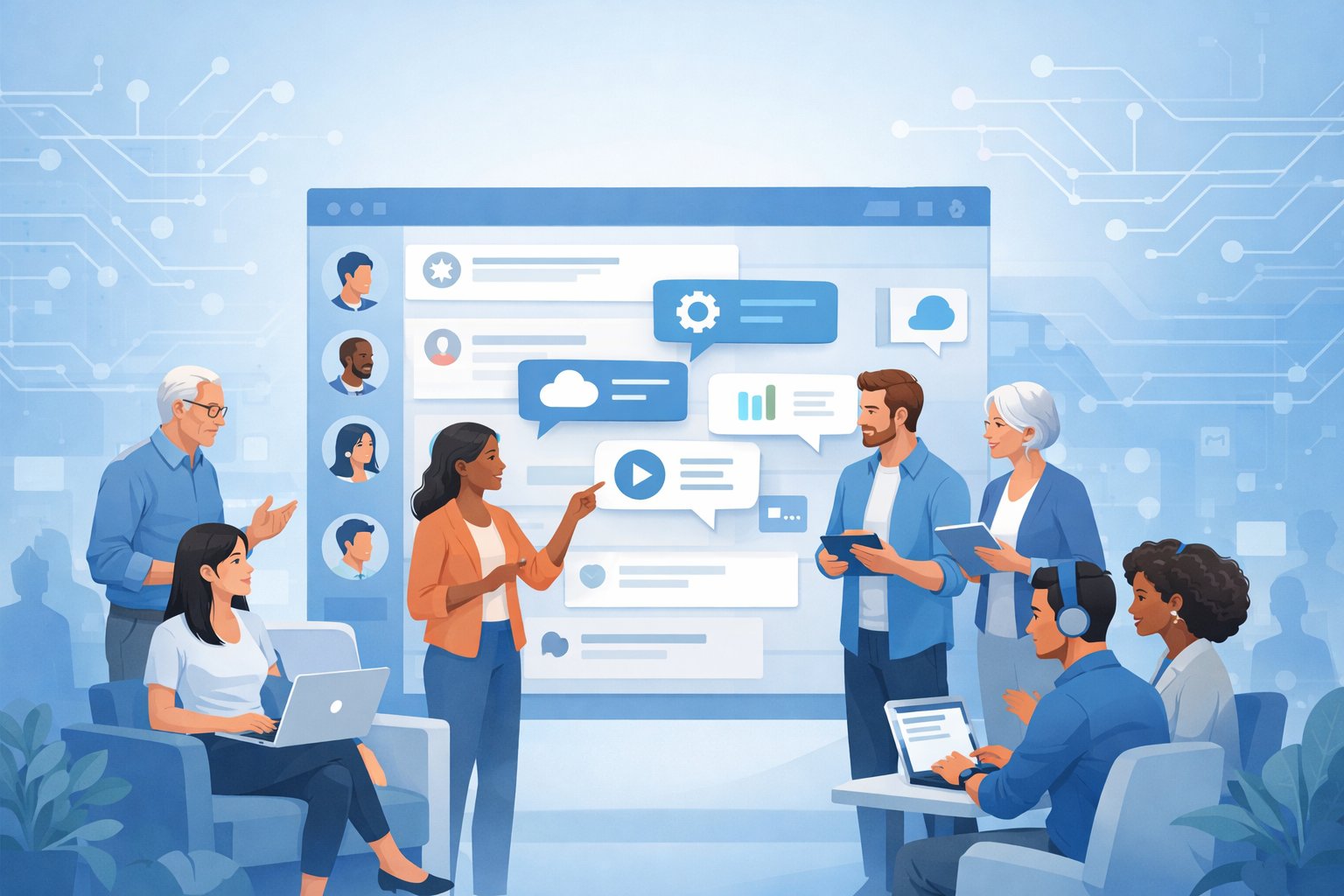 A group of diverse people gathered around a large digital screen showing software-related icons and chat bubbles, representing an active online community discussing software.