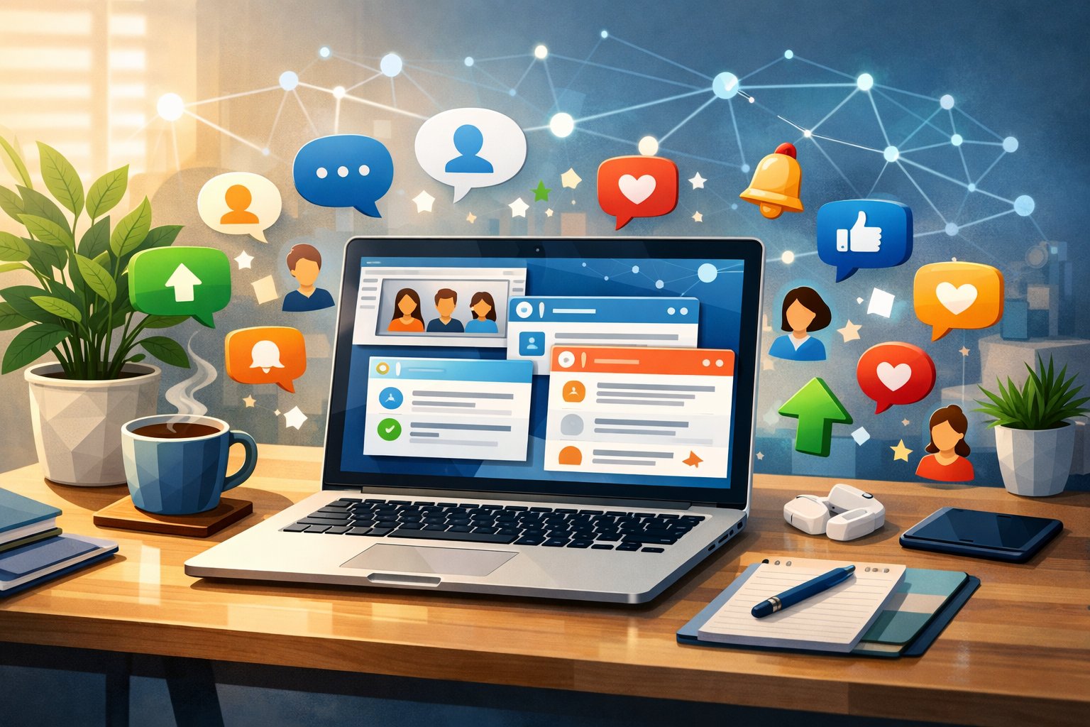 A workspace with a laptop surrounded by floating icons representing online community interactions and digital connections.