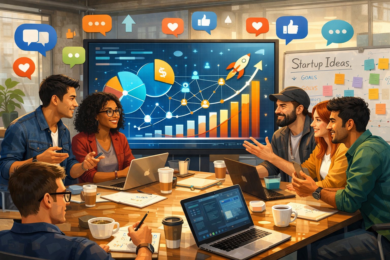 A group of entrepreneurs and investors discussing startup funding around a digital screen showing graphs and network connections in a modern co-working space.