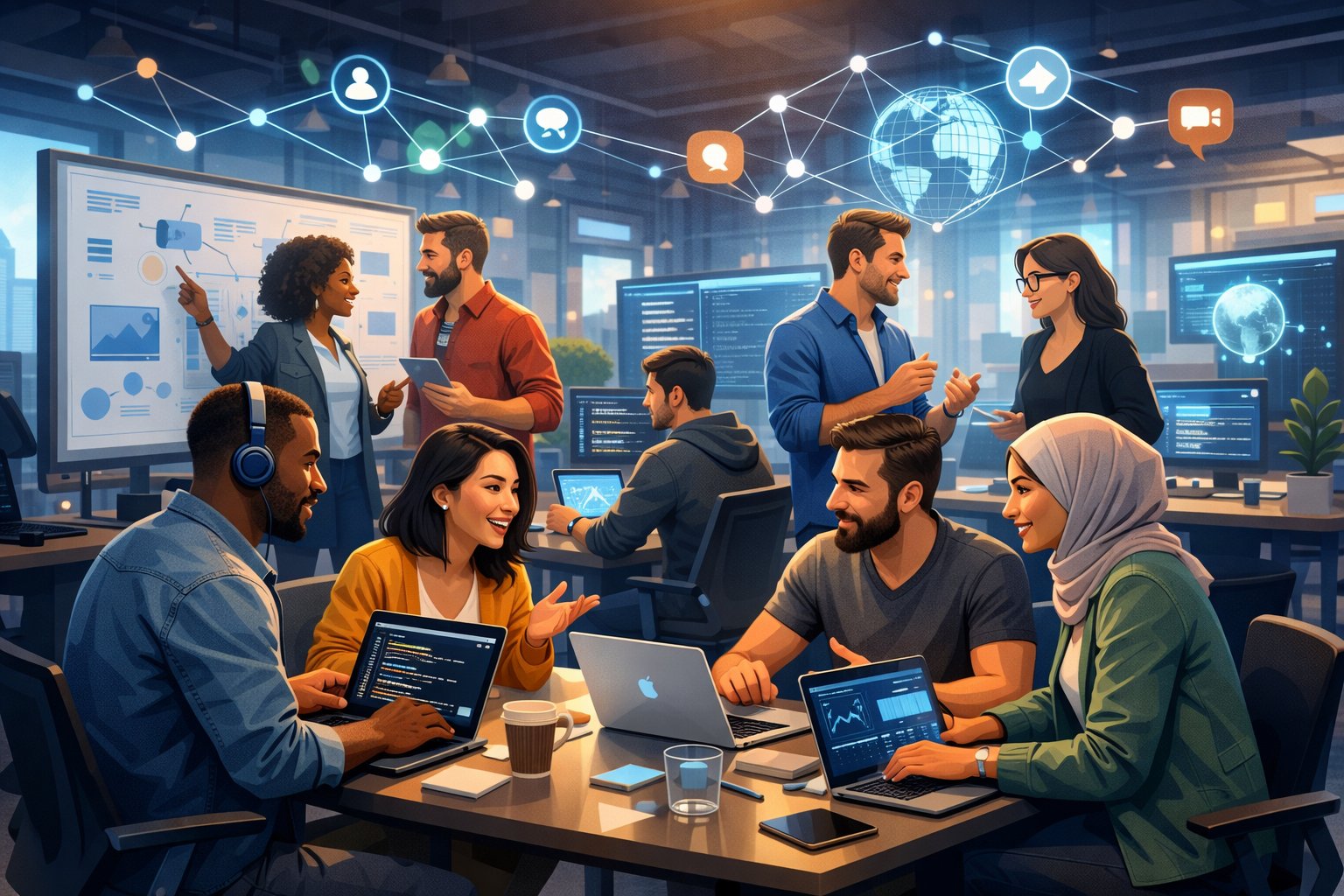 A diverse group of tech founders working together in a modern office with laptops, digital whiteboards, and abstract symbols representing online collaboration.