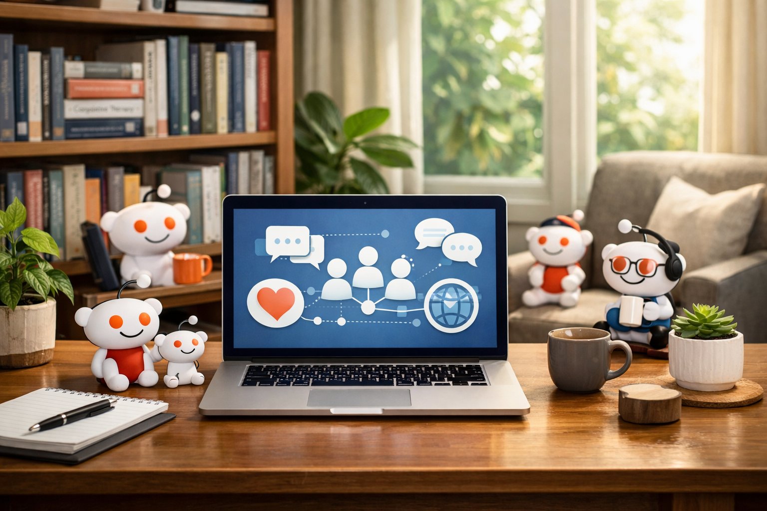 A calm therapy office with a desk, laptop showing online community icons, bookshelves, and a comfortable chair by a window with plants outside.