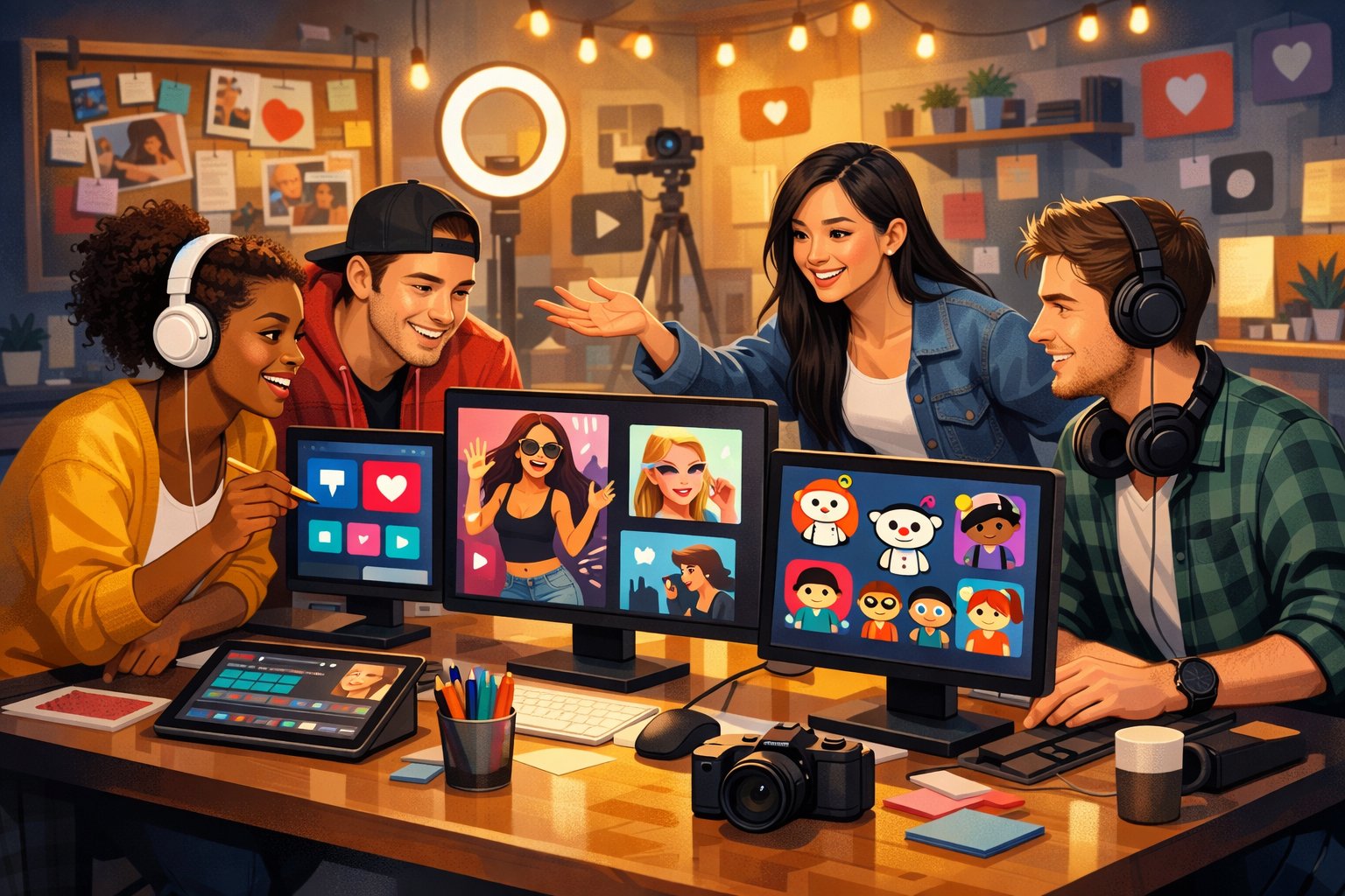 A group of diverse young creators working together at a desk with computers showing video thumbnails and social media icons in a creative studio setting.