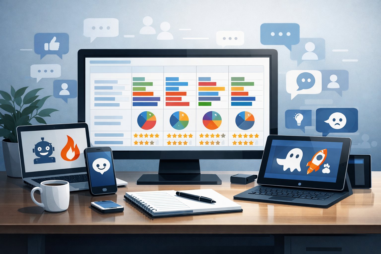 A workspace with multiple screens showing colorful charts and icons representing tool comparisons and online community discussions.