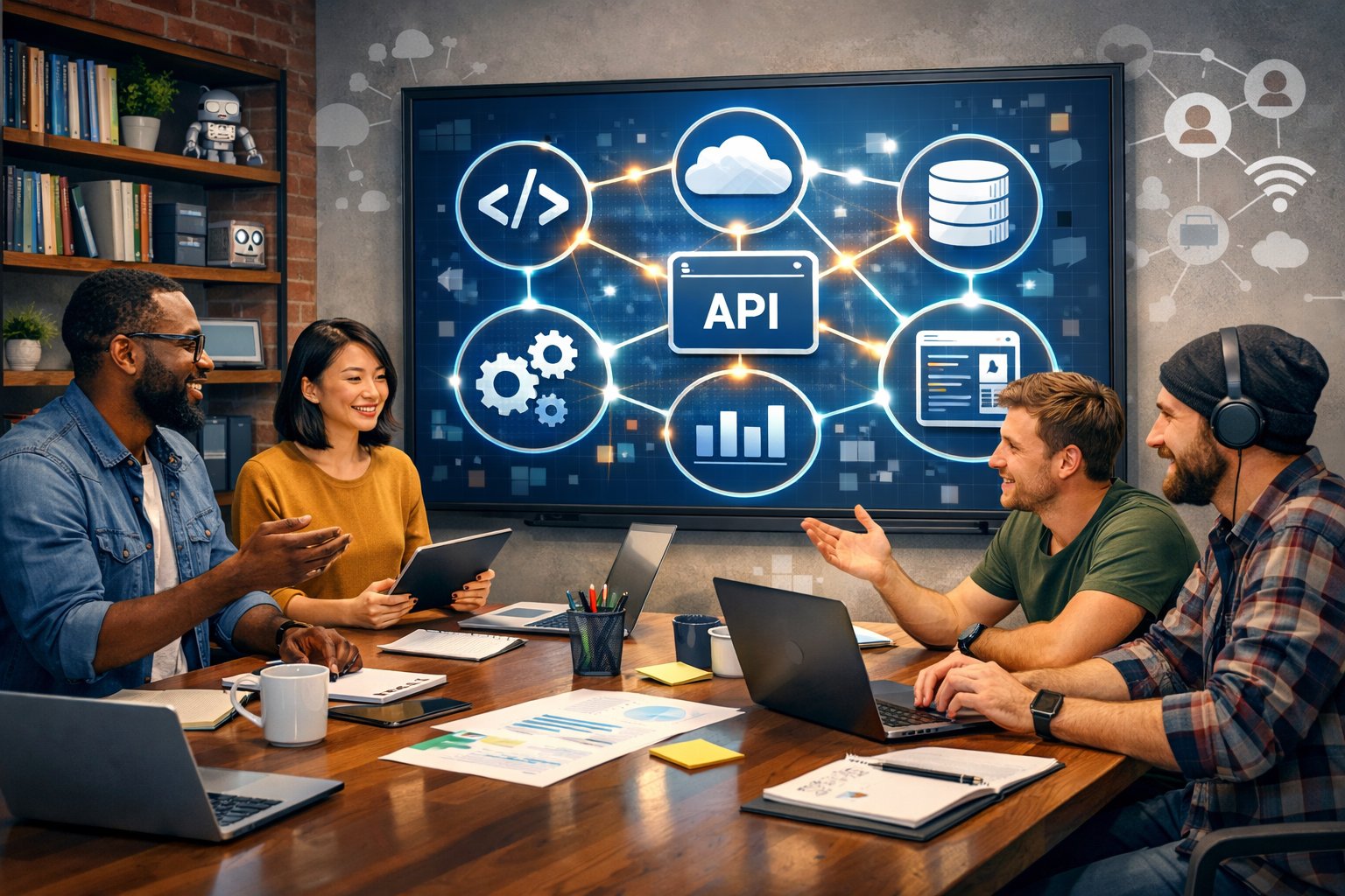 A group of people collaborating around a table with digital icons representing tools and technologies displayed on a large screen.