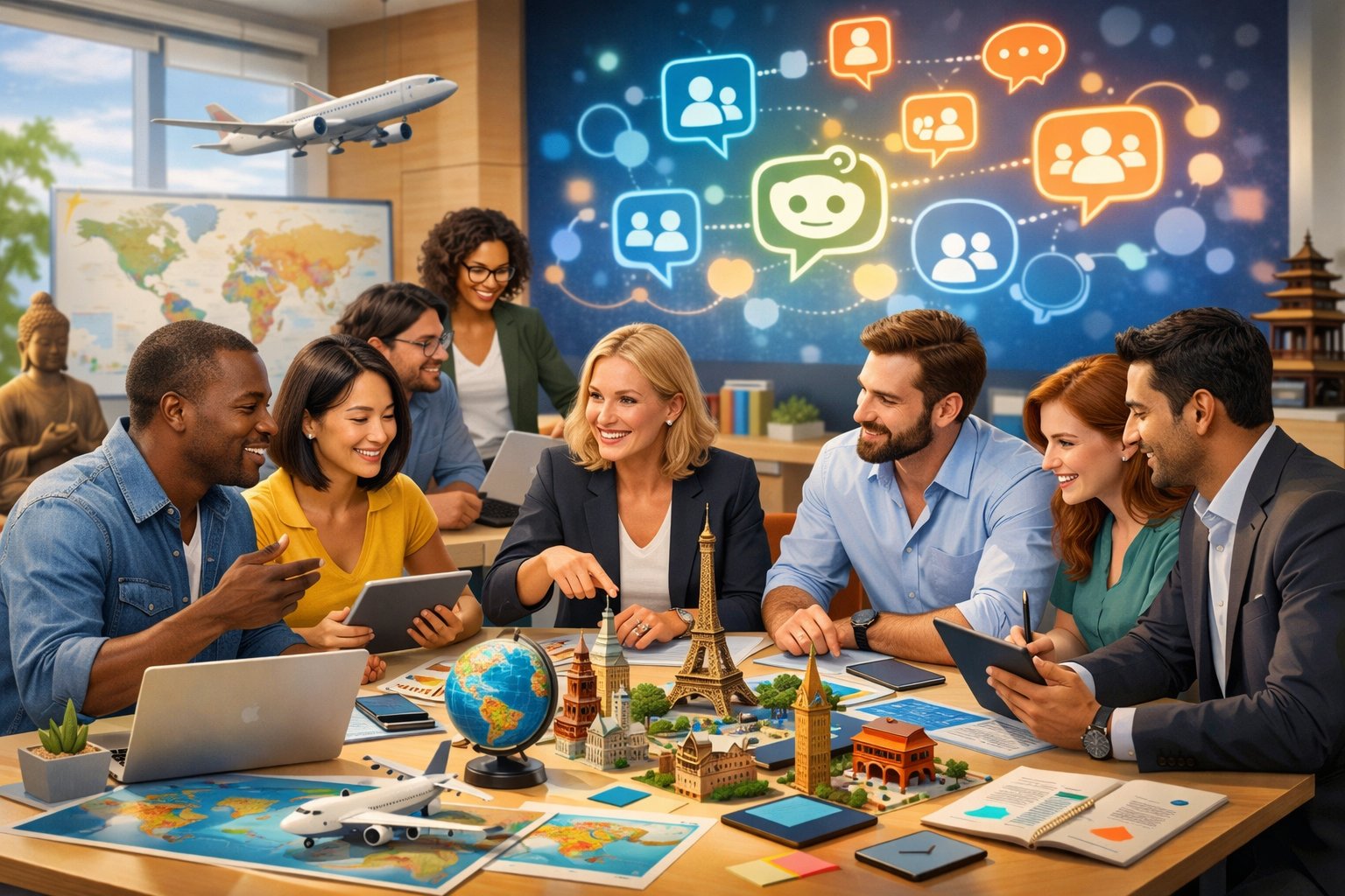A group of diverse professionals collaborating around a table with travel materials and digital devices in a modern workspace, symbolizing teamwork and travel business networking.