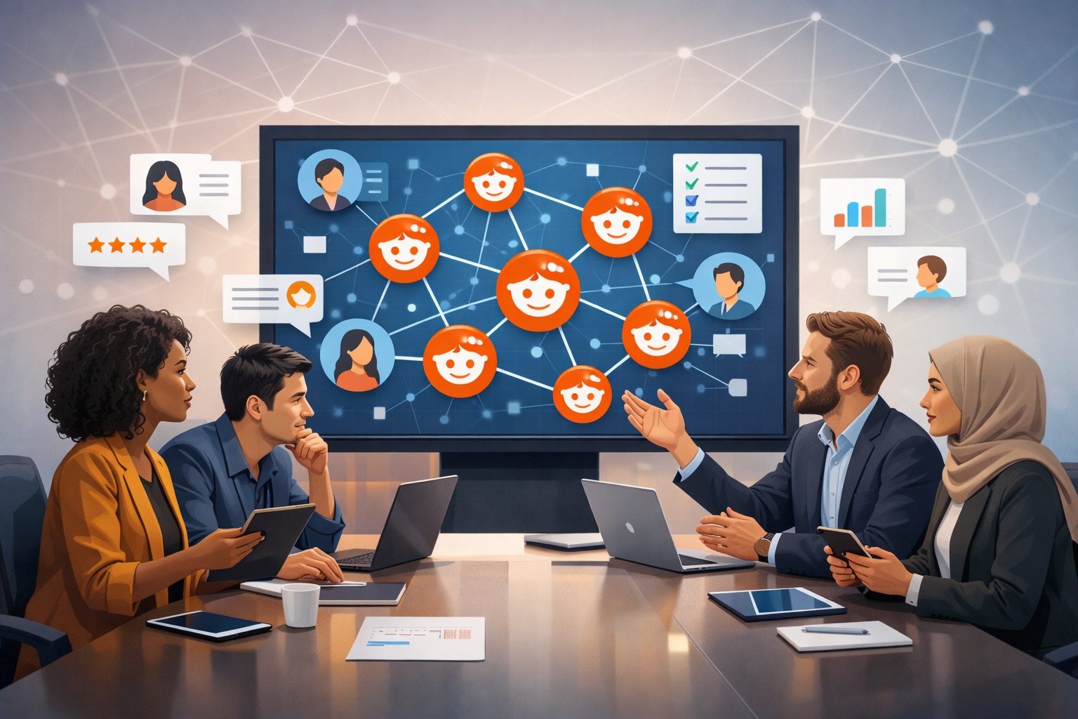 A group of diverse professionals collaborating around a digital screen showing social media icons and charts, representing online vendor evaluation discussions.