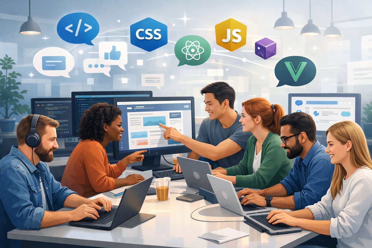 A group of web developers working together at computers in a modern office, surrounded by floating icons representing web development technologies and online communication.