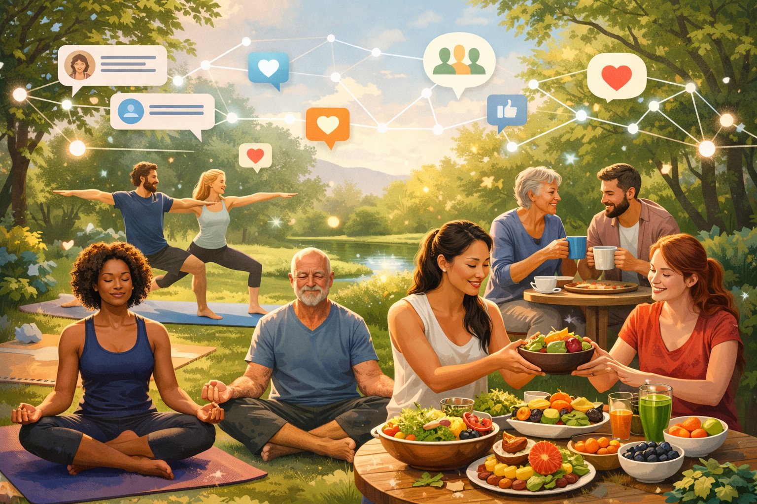 A group of people practicing yoga, meditating, and sharing healthy foods together in a natural setting with digital symbols representing online community connections.