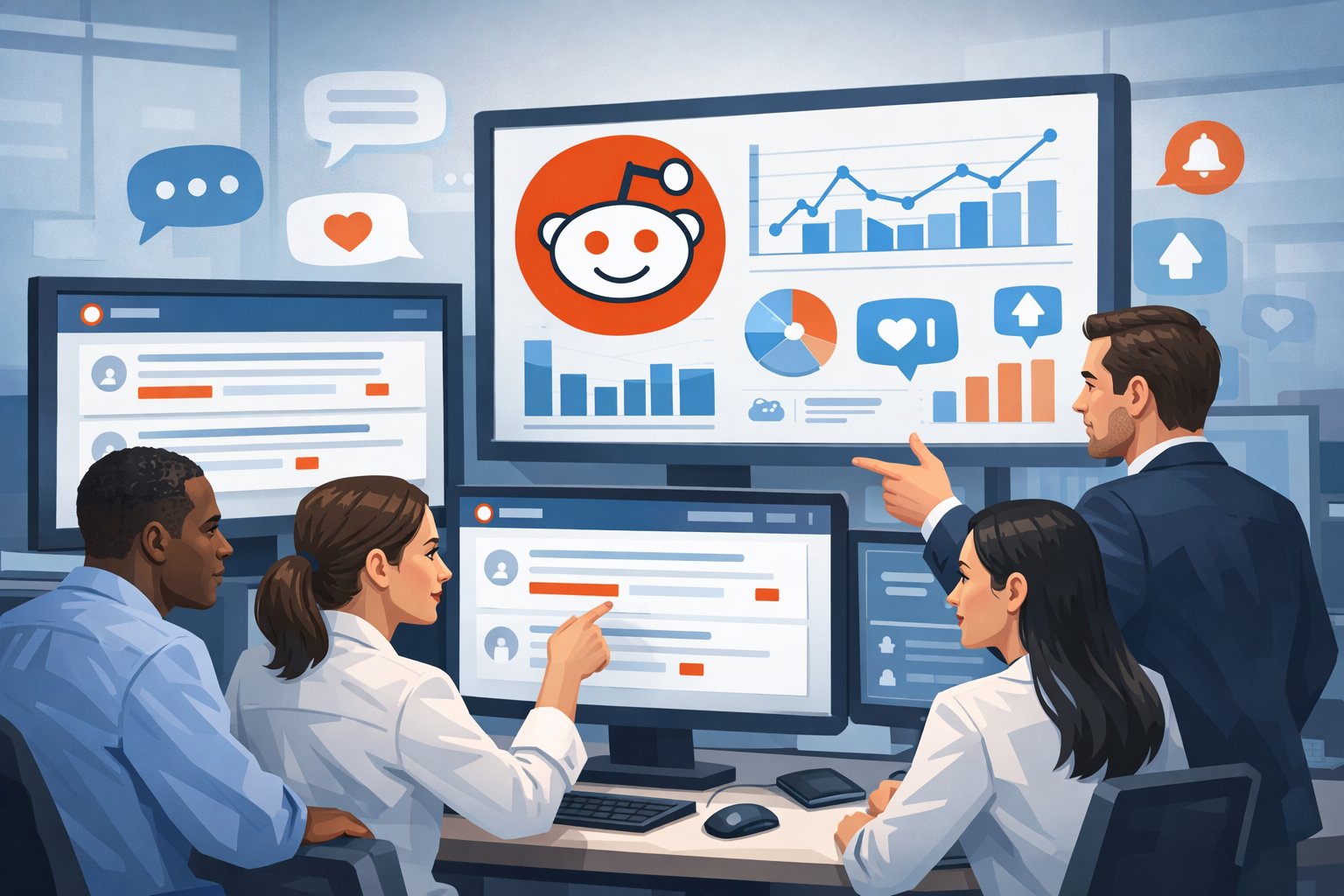 A group of professionals in an office looking at computer screens showing Reddit brand mentions and analytics charts.