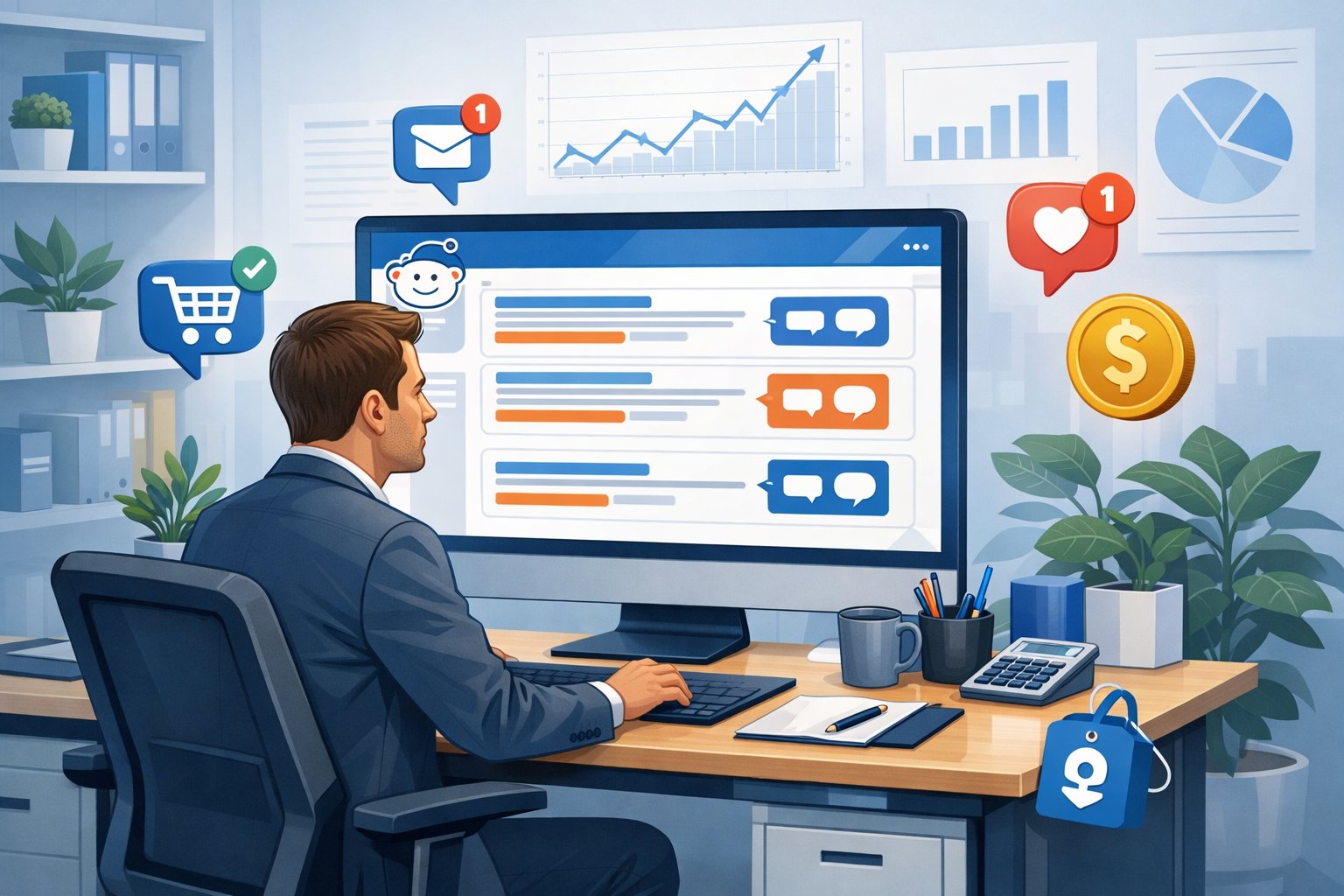 A small business owner at a desk studying a computer screen showing online discussion threads with symbols representing buying signals, surrounded by charts and business items in an office.
