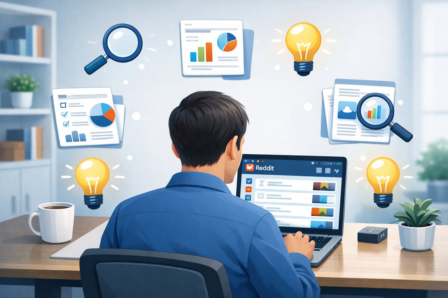 A person sitting at a desk using a laptop showing Reddit, surrounded by icons of research materials and ideas in a bright workspace.