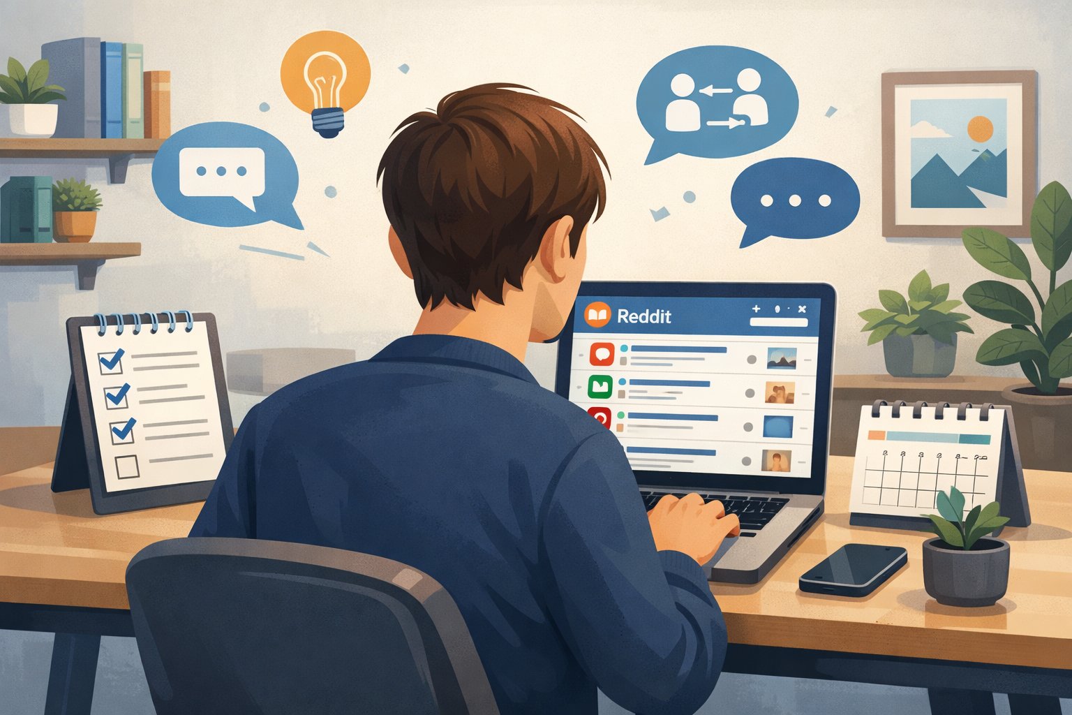 A person sitting at a desk using a laptop showing a Reddit interface, surrounded by icons representing coaching and communication in a home office setting.
