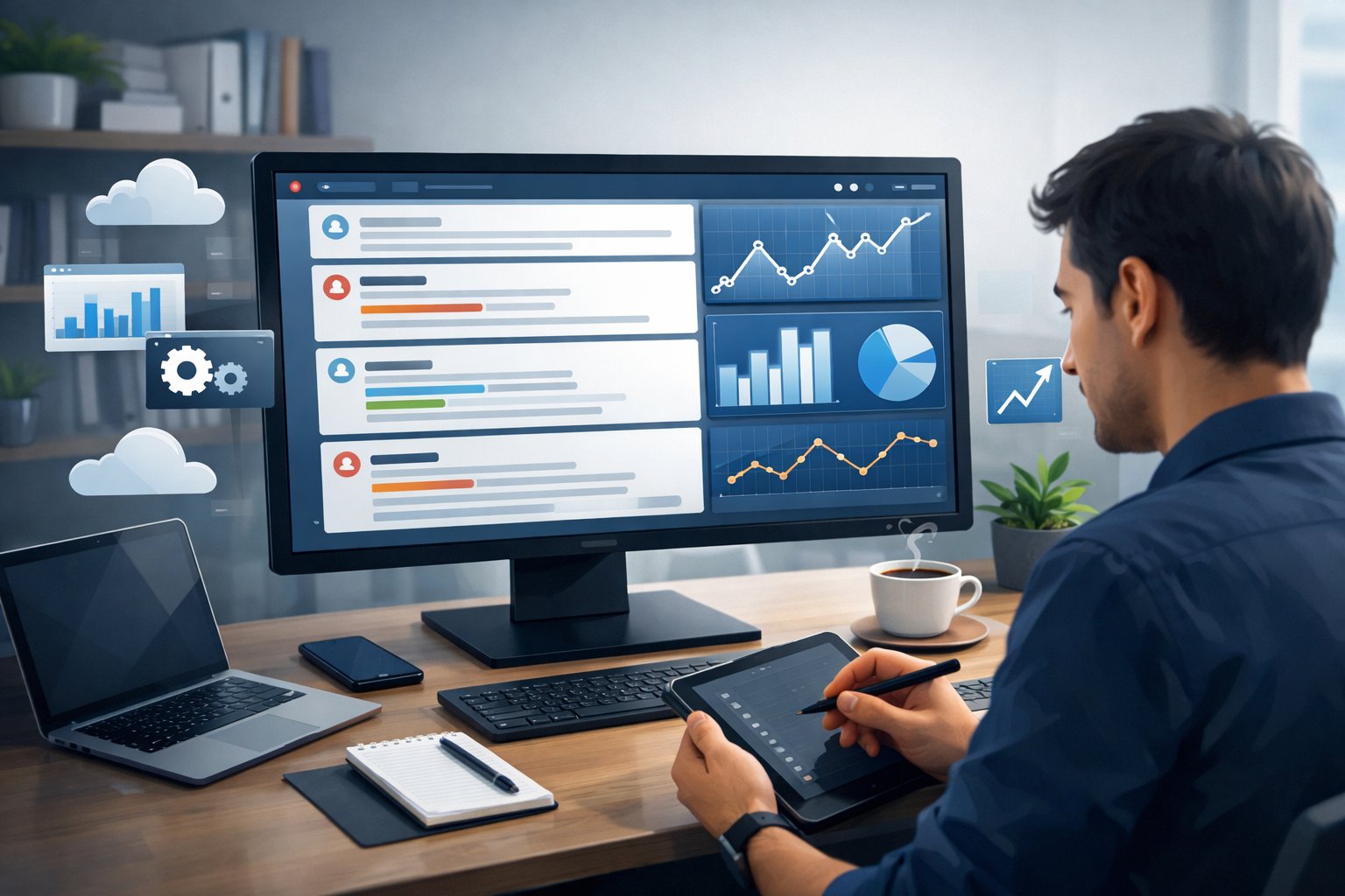 A person at a desk analyzing data on a computer screen showing Reddit discussions and charts related to SaaS competitors.