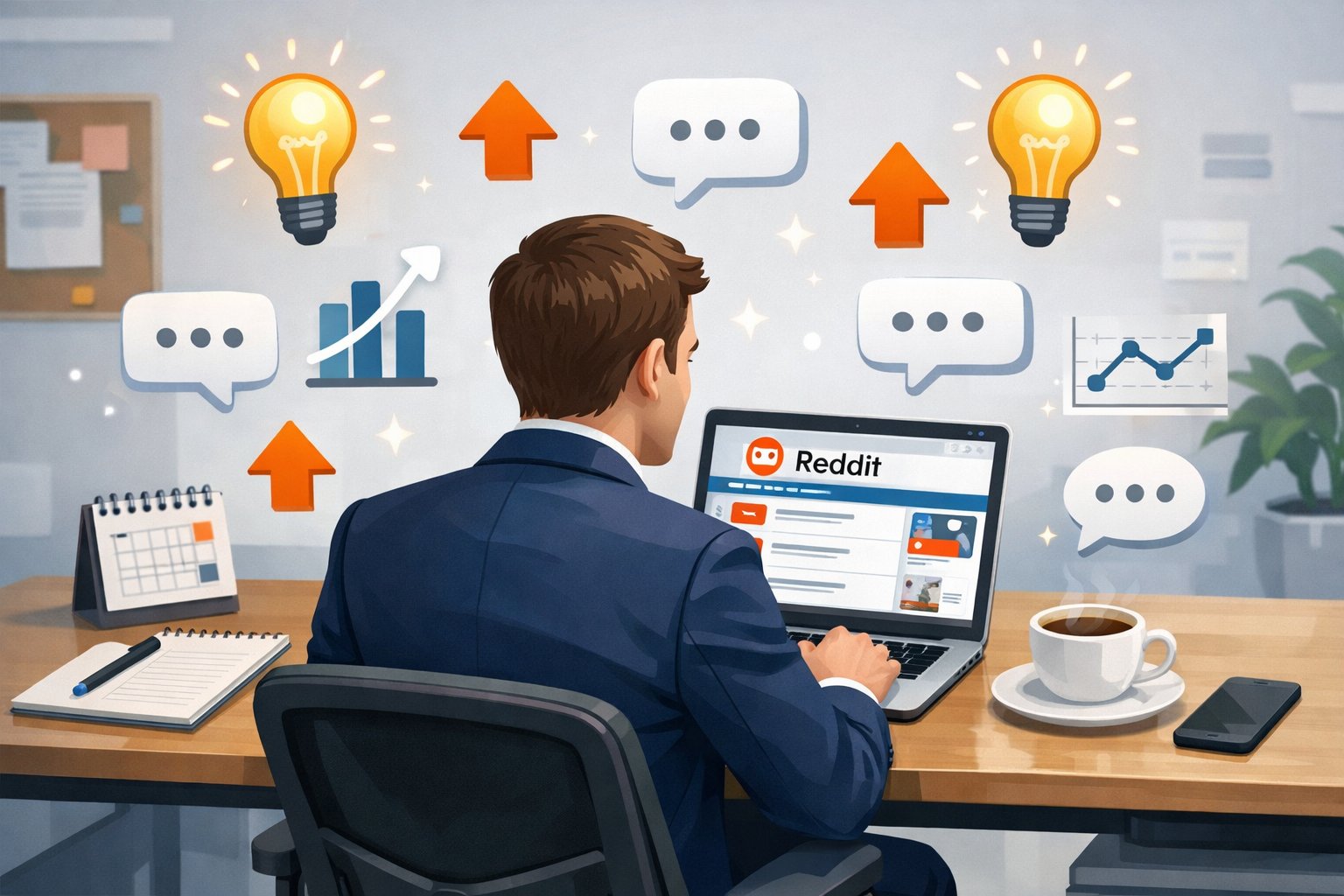 A business person at a desk using a laptop with icons of light bulbs, chat bubbles, and upvote arrows floating around, symbolizing finding content ideas on Reddit.