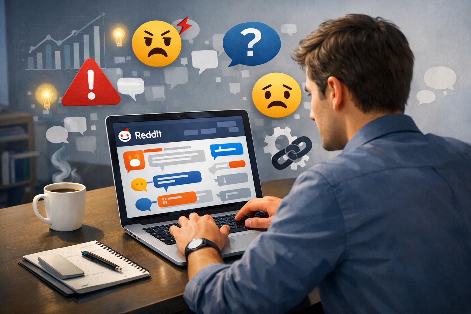 A person at a desk using a laptop displaying online discussion threads, surrounded by icons representing customer pain points and ideas.