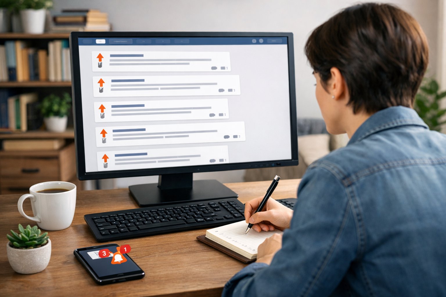 Person sitting at a desk looking at a computer screen showing online feedback comments, taking notes in a home office setting.