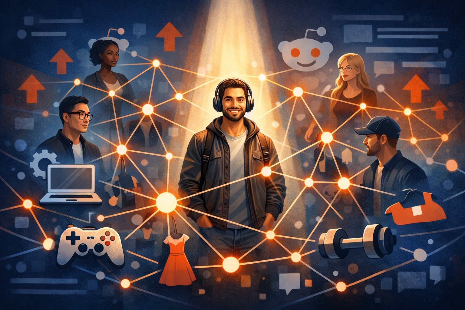 A network of diverse people connected by glowing lines with one person highlighted, surrounded by icons representing different niche markets.