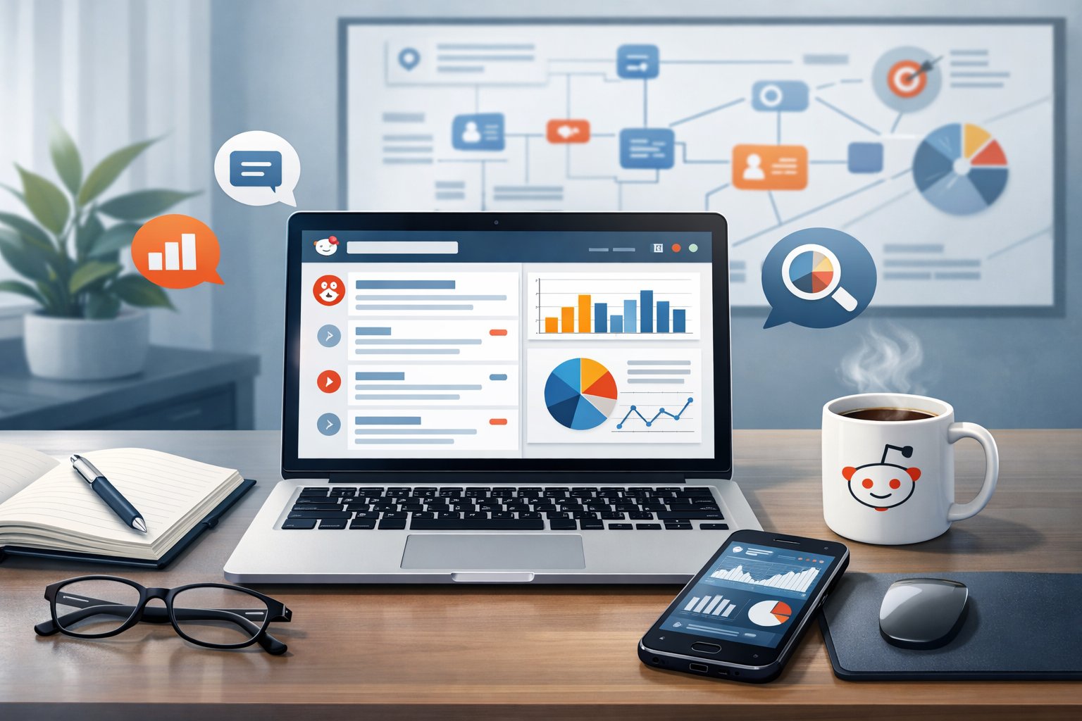 A workspace with a laptop showing Reddit discussions and data charts, surrounded by business tools like a notebook, coffee cup, smartphone with analytics, and a wall screen with flowcharts.