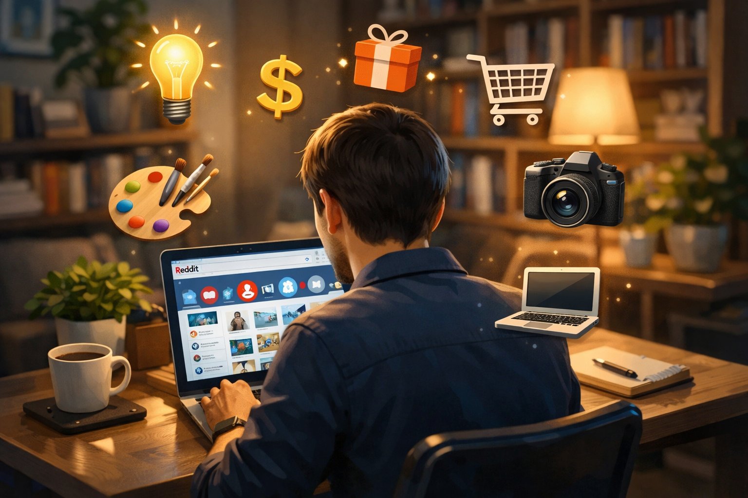 A person sitting at a desk using a laptop with icons representing side hustle ideas floating around in a home office setting.