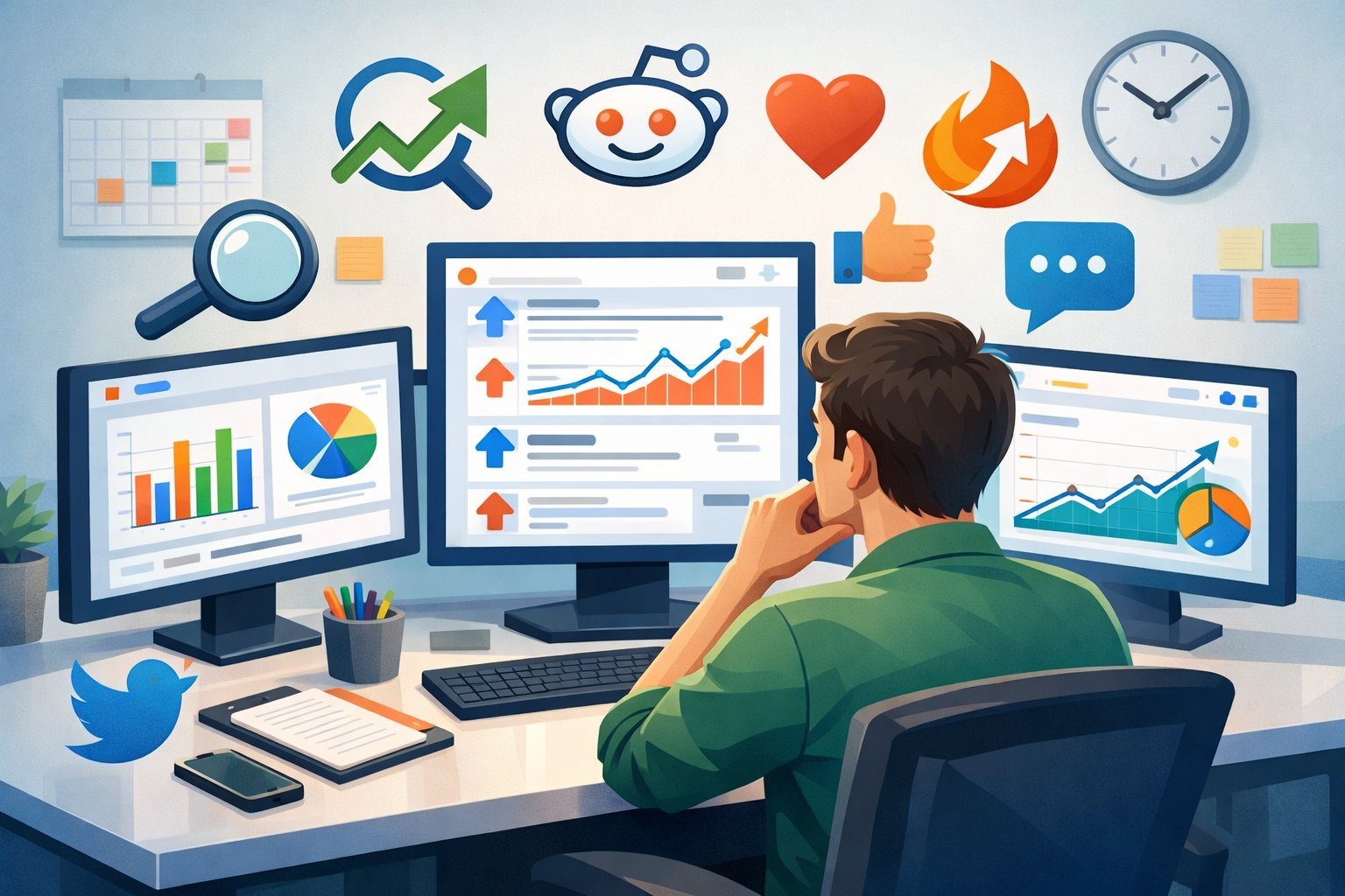 A person at a desk looking at multiple computer screens showing data and social media icons, analyzing trending topics for marketing.