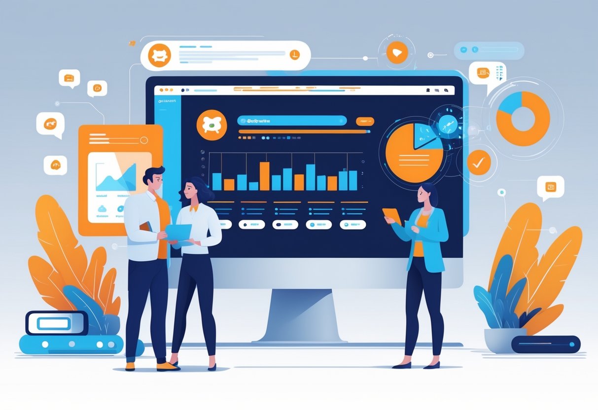 A group of professionals working together at a computer displaying a Reddit interface with search filters and data charts, representing marketing analysis within online communities.