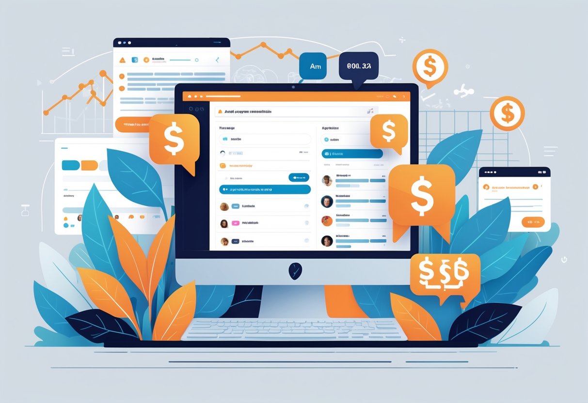 Illustration of a computer screen showing an advanced Reddit search interface surrounded by icons representing organic and paid advertising with data charts in the background.