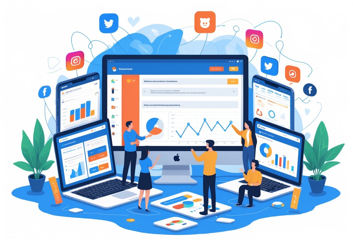 A team of marketers collaborating around a large screen displaying a Reddit search interface, surrounded by icons of various social media platforms, in a modern office setting.