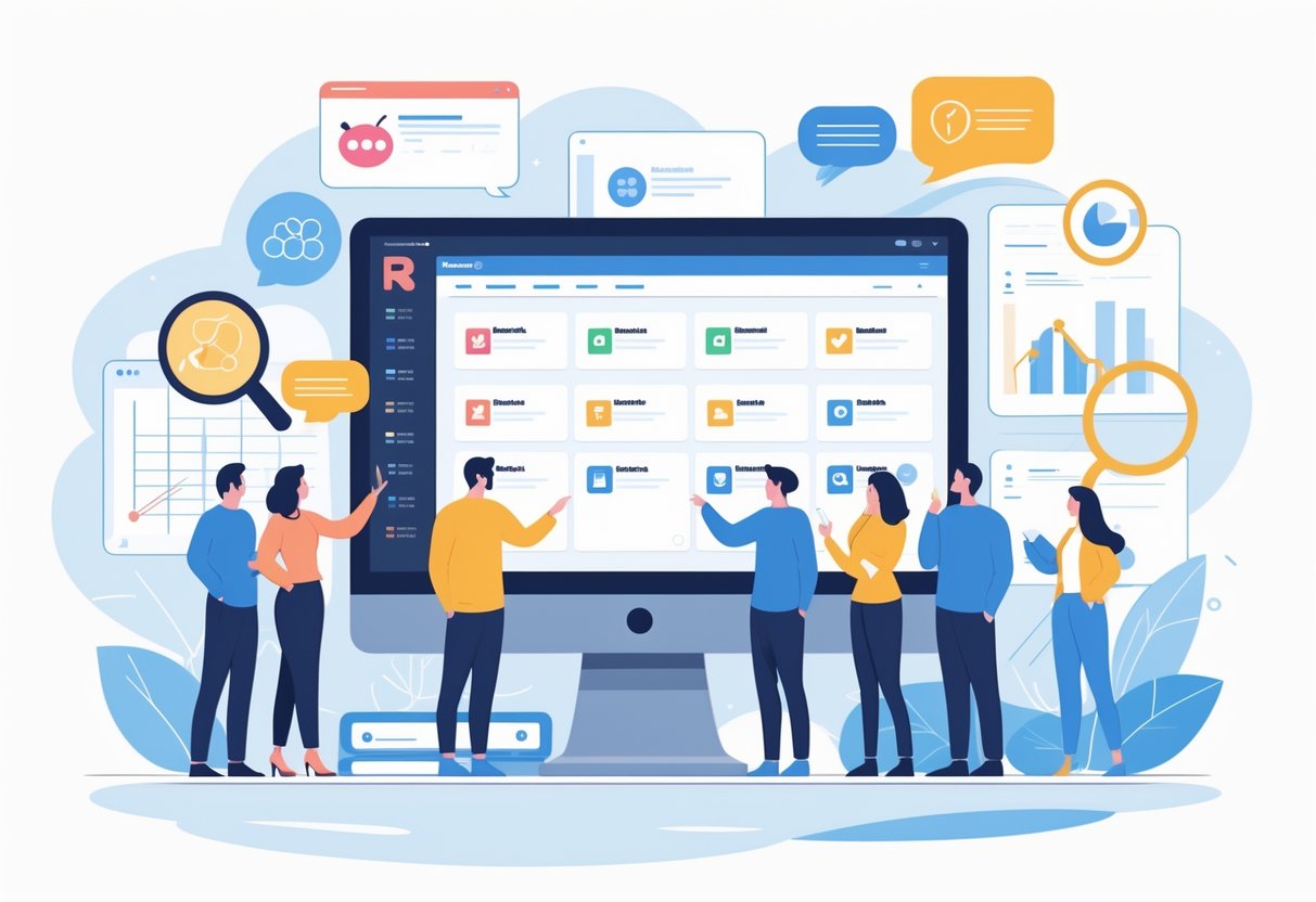 A group of people collaborating around a large computer screen showing a Reddit interface with highlighted subreddit icons, surrounded by icons representing analysis and communication.