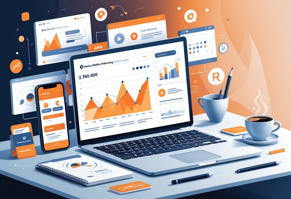 A workspace with a laptop showing charts, a smartphone, a notebook, and floating icons representing social media and marketing concepts.
