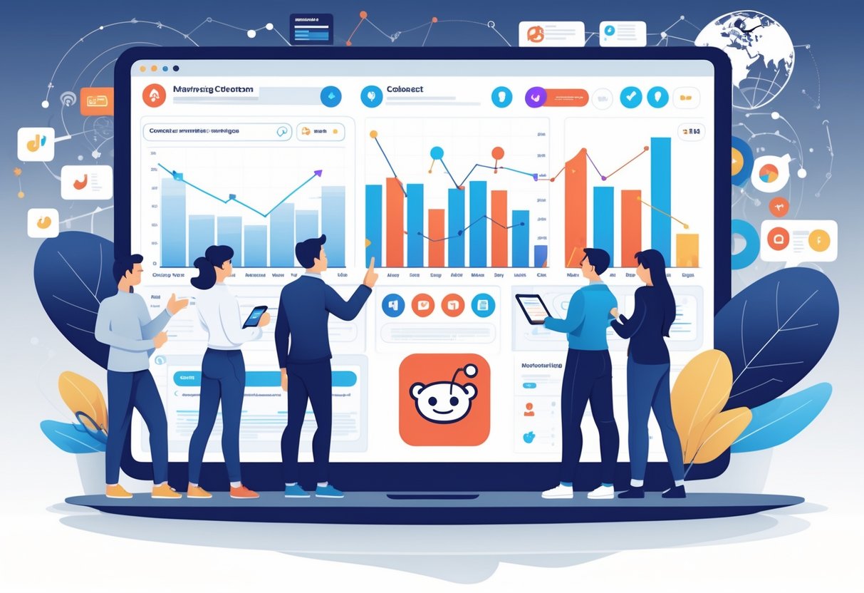 A group of marketers working together around a digital dashboard displaying analytics and the Reddit logo, focusing on content growth and strategy.