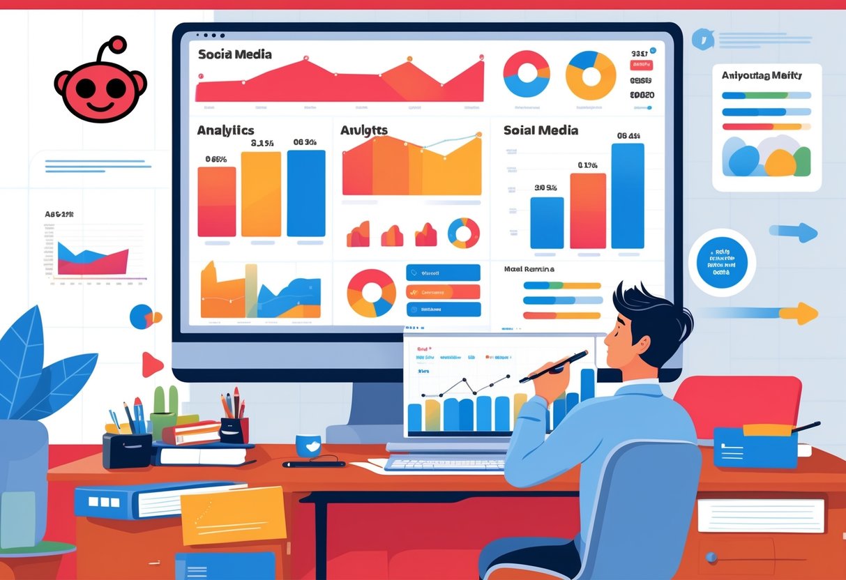 A person at a desk analyzing charts and graphs on a computer screen with symbols representing Reddit and arrows indicating ongoing improvement.