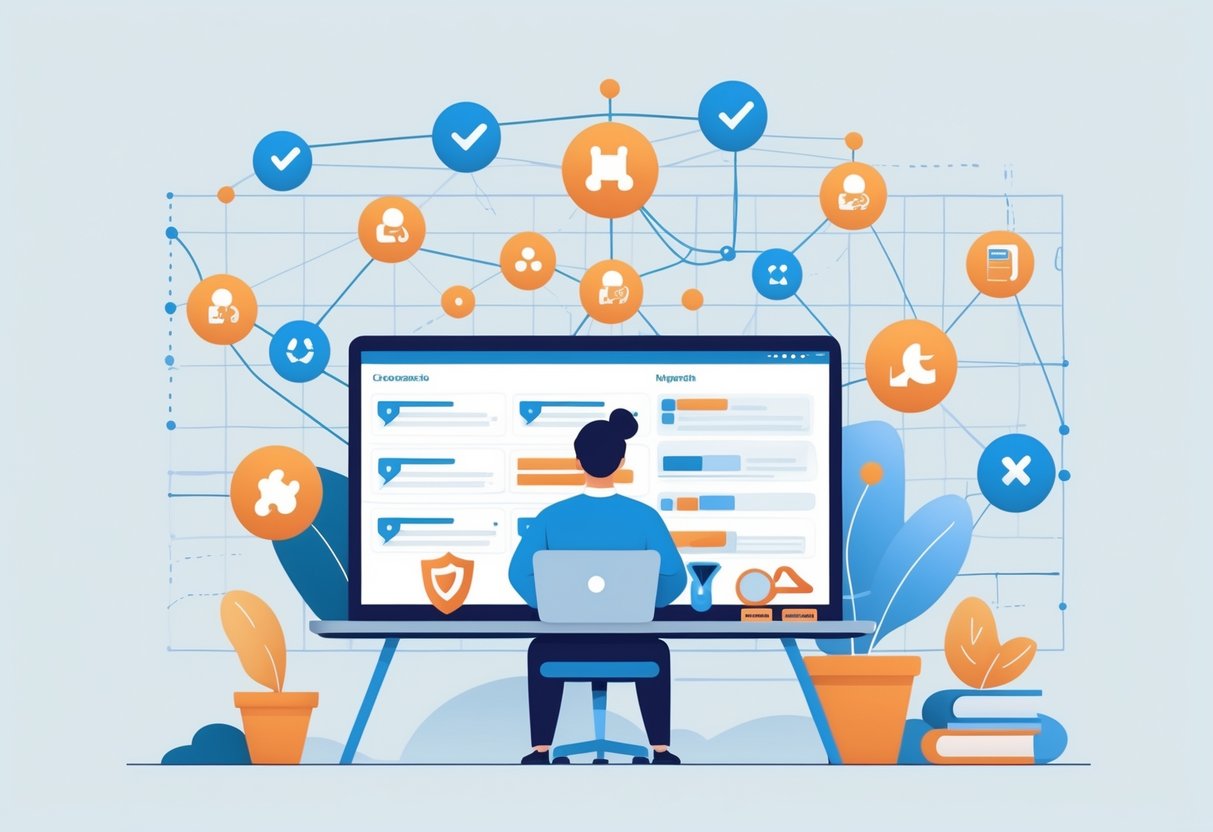 A person sitting at a desk using a laptop with visual elements representing Reddit communities, rules, moderation tools, and strategy symbols around them.