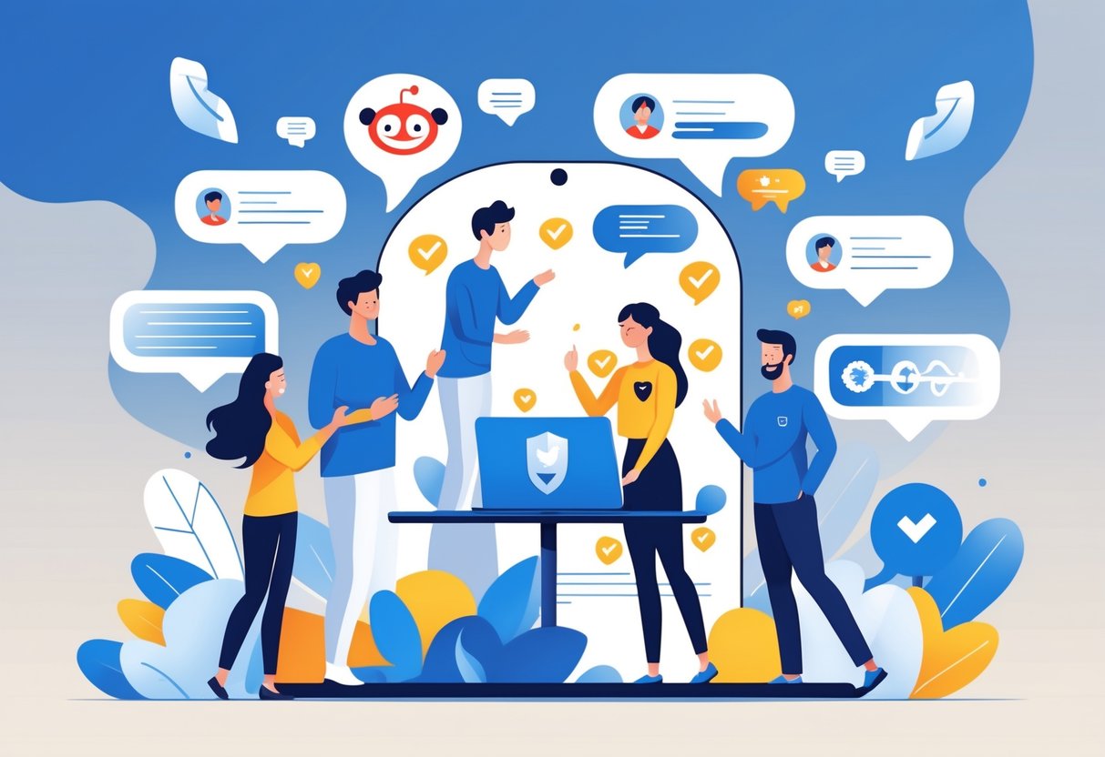 People interacting positively in an online community, sharing content and showing trust and cooperation.