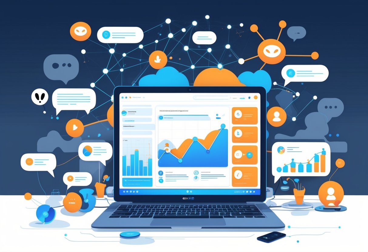 A workspace with a laptop showing a Reddit-themed interface surrounded by digital marketing symbols like graphs, network nodes, and product icons representing affiliate marketing strategies.