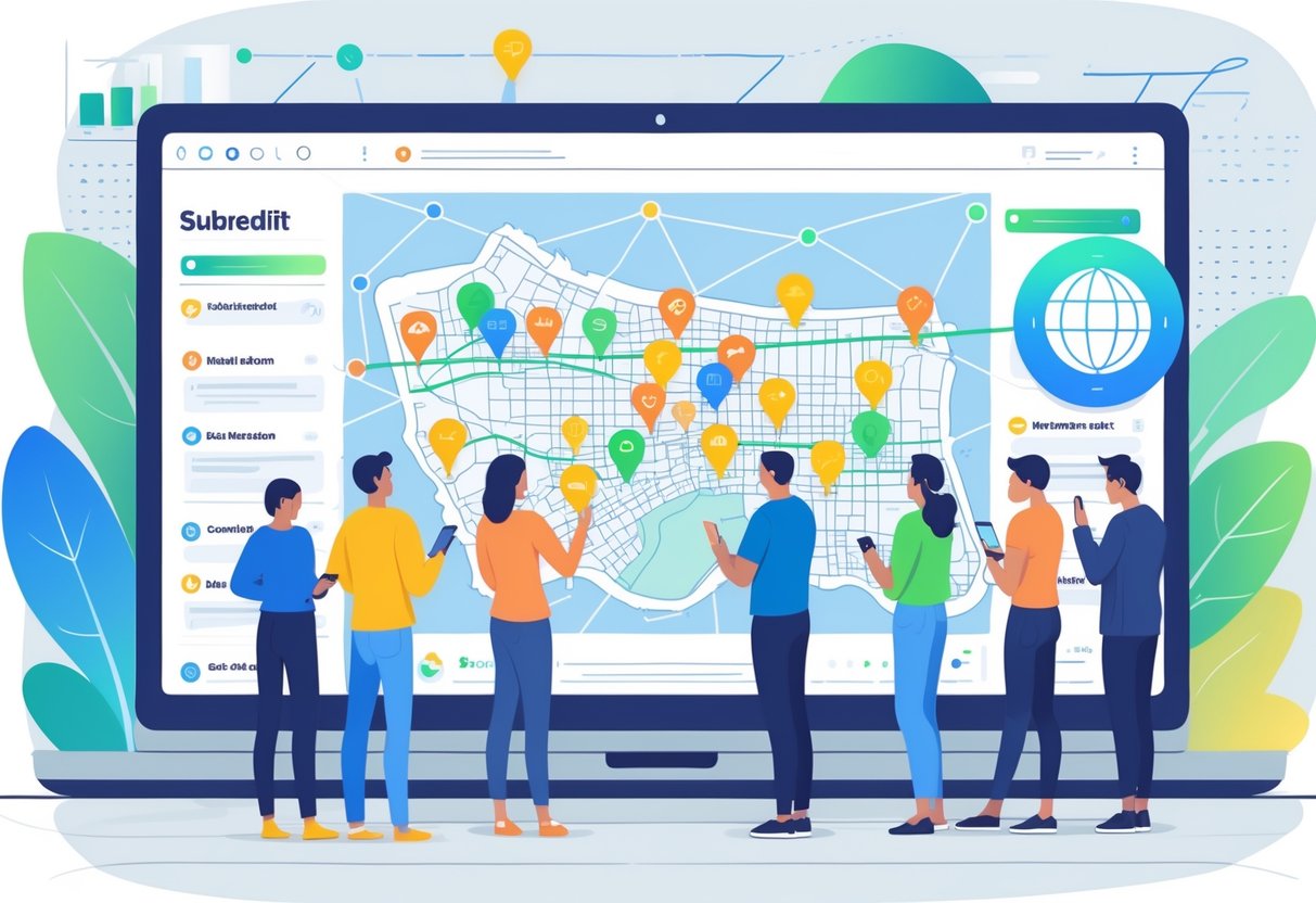 People using laptops and smartphones around a digital map with subreddit icons pinned to various local areas, showing online community connections.