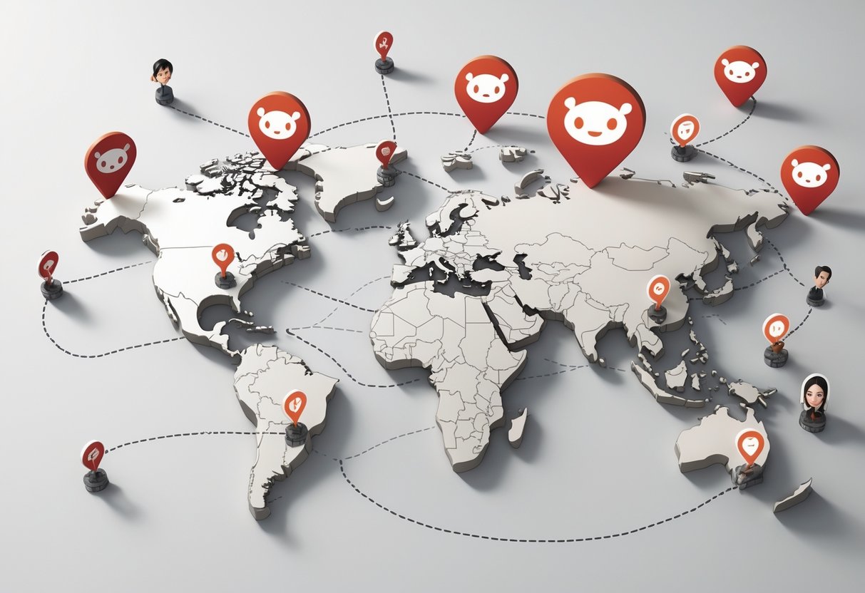A map with location pins connected to user icons representing organic geo-targeting using Reddit.